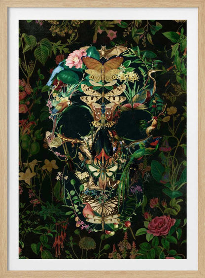 An intricate artwork of a human skull formed entirely from a collage of colorful flora and fauna, including butterflies, birds, insects, and flowers, set against a dark, dense botanical background. Wall Art