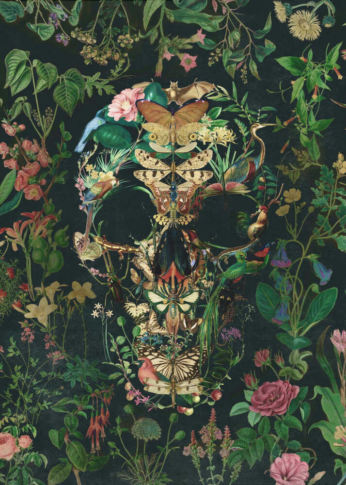 An intricate collage of various flowers, insects, birds, and other animals arranged to form the shape of a human skull. The background is a dark, lush tapestry of green leaves and colorful blossoms, creating a moody and detailed botanical illustration. Wall Art