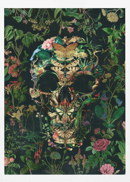 An intricate collage of various flowers, insects, birds, and other animals arranged to form the shape of a human skull. The background is a dark, lush tapestry of green leaves and colorful blossoms, creating a moody and detailed botanical illustration. Wall Art