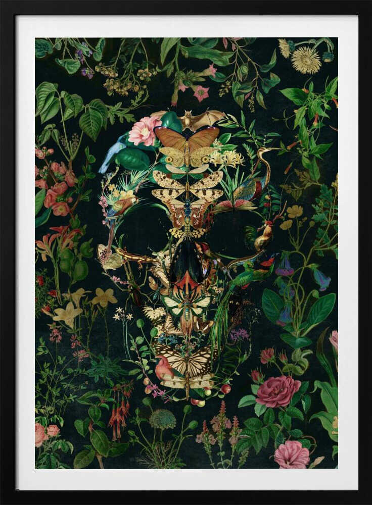 An intricate collage of various flowers, insects, birds, and other animals arranged to form the shape of a human skull. The background is a dark, lush tapestry of green leaves and colorful blossoms, creating a moody and detailed botanical illustration. Wall Art