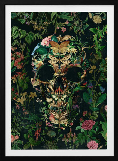An intricate collage of various flowers, insects, birds, and other animals arranged to form the shape of a human skull. The background is a dark, lush tapestry of green leaves and colorful blossoms, creating a moody and detailed botanical illustration. Wall Art