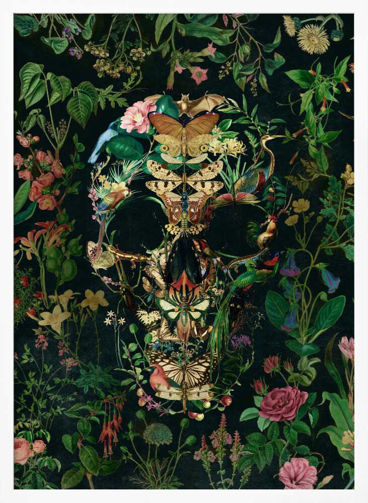 An intricate collage of various flowers, insects, birds, and other animals arranged to form the shape of a human skull. The background is a dark, lush tapestry of green leaves and colorful blossoms, creating a moody and detailed botanical illustration. Wall Art