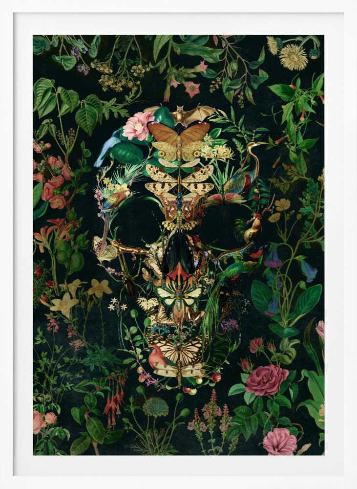 An intricate collage of various flowers, insects, birds, and other animals arranged to form the shape of a human skull. The background is a dark, lush tapestry of green leaves and colorful blossoms, creating a moody and detailed botanical illustration. Wall Art