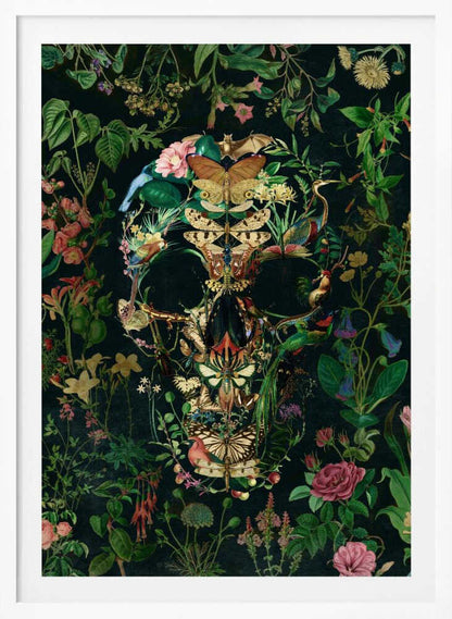 An intricate collage of various flowers, insects, birds, and other animals arranged to form the shape of a human skull. The background is a dark, lush tapestry of green leaves and colorful blossoms, creating a moody and detailed botanical illustration. Wall Art