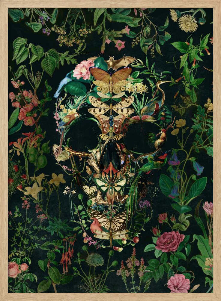 An intricate collage of various flowers, insects, birds, and other animals arranged to form the shape of a human skull. The background is a dark, lush tapestry of green leaves and colorful blossoms, creating a moody and detailed botanical illustration. Wall Art