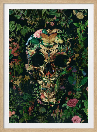 An intricate collage of various flowers, insects, birds, and other animals arranged to form the shape of a human skull. The background is a dark, lush tapestry of green leaves and colorful blossoms, creating a moody and detailed botanical illustration. Wall Art