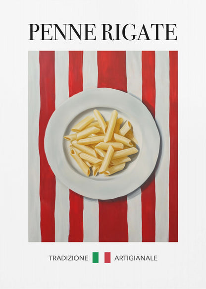 A framed art print featuring a painted illustration of a white plate of penne rigate pasta. The plate is centered on a background of bold red and white vertical stripes. At the top, the words 'PENNE RIGATE' are printed in a black serif font. At the bottom, the Italian words 'TRADIZIONE' and 'ARTIGIANALE' are shown with small green and red squares, evoking the Italian flag. Artwork