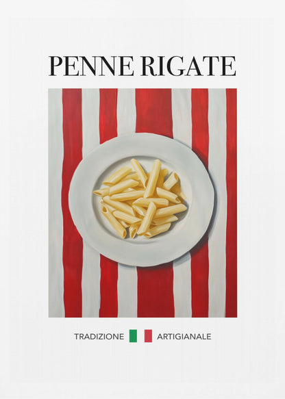 A framed art print featuring a painted illustration of a white plate of penne rigate pasta. The plate is centered on a background of bold red and white vertical stripes. At the top, the words 'PENNE RIGATE' are printed in a black serif font. At the bottom, the Italian words 'TRADIZIONE' and 'ARTIGIANALE' are shown with small green and red squares, evoking the Italian flag. Artwork