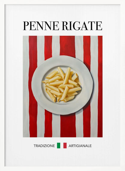 A framed art print featuring a painted illustration of a white plate of penne rigate pasta. The plate is centered on a background of bold red and white vertical stripes. At the top, the words 'PENNE RIGATE' are printed in a black serif font. At the bottom, the Italian words 'TRADIZIONE' and 'ARTIGIANALE' are shown with small green and red squares, evoking the Italian flag. Artwork