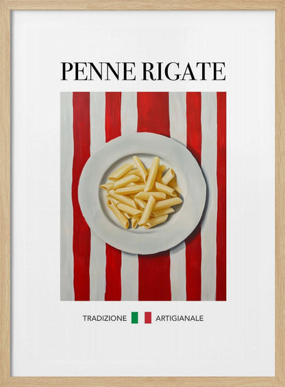 A framed art print featuring a painted illustration of a white plate of penne rigate pasta. The plate is centered on a background of bold red and white vertical stripes. At the top, the words 'PENNE RIGATE' are printed in a black serif font. At the bottom, the Italian words 'TRADIZIONE' and 'ARTIGIANALE' are shown with small green and red squares, evoking the Italian flag. Artwork