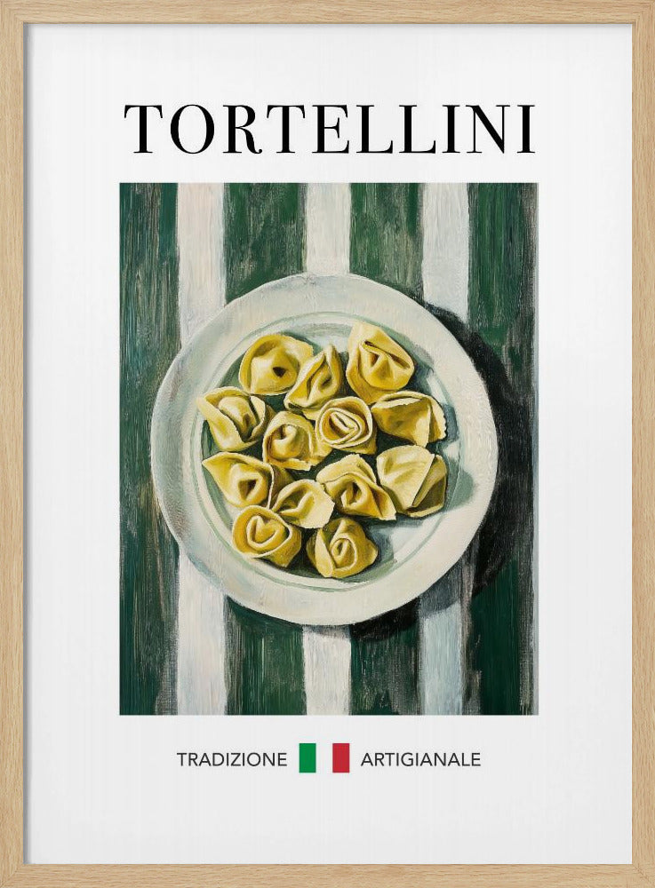 A framed vintage-style poster featuring a painted illustration of a plate of tortellini on a green and white striped background. The word 'TORTELLINI' is at the top, and 'TRADIZIONE ARTIGIANALE' with the Italian flag is at the bottom. Artwork