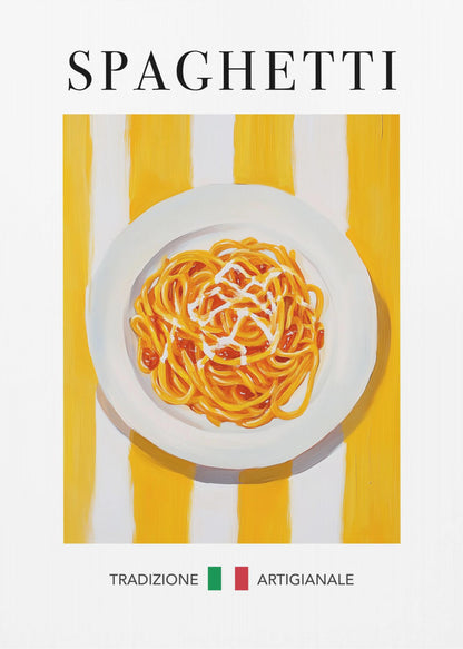 A vintage-style food poster in a black frame featuring a painting of a plate of spaghetti with sauce. The plate is set against a background of bold yellow and white vertical stripes. The word 'SPAGHETTI' is written in a black serif font at the top. At the bottom, the Italian words 'TRADIZIONE' and 'ARTIGIANALE' are separated by a small Italian flag. Artwork