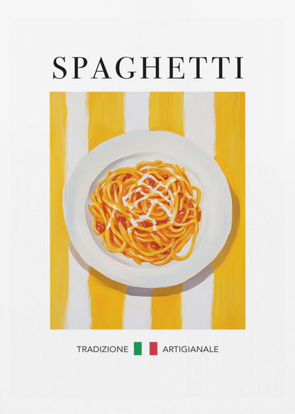 A vintage-style food poster in a black frame featuring a painting of a plate of spaghetti with sauce. The plate is set against a background of bold yellow and white vertical stripes. The word 'SPAGHETTI' is written in a black serif font at the top. At the bottom, the Italian words 'TRADIZIONE' and 'ARTIGIANALE' are separated by a small Italian flag. Artwork
