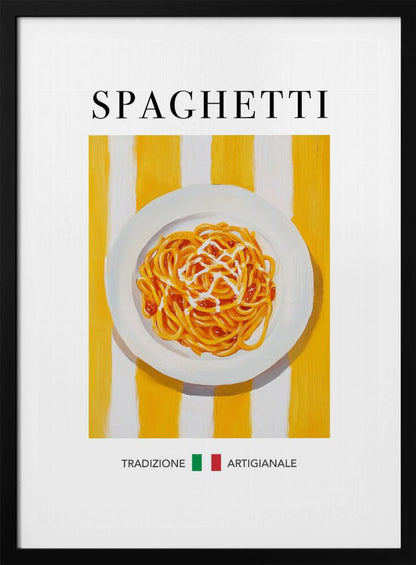 A vintage-style food poster in a black frame featuring a painting of a plate of spaghetti with sauce. The plate is set against a background of bold yellow and white vertical stripes. The word 'SPAGHETTI' is written in a black serif font at the top. At the bottom, the Italian words 'TRADIZIONE' and 'ARTIGIANALE' are separated by a small Italian flag. Artwork