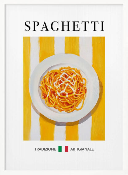 A vintage-style food poster in a black frame featuring a painting of a plate of spaghetti with sauce. The plate is set against a background of bold yellow and white vertical stripes. The word 'SPAGHETTI' is written in a black serif font at the top. At the bottom, the Italian words 'TRADIZIONE' and 'ARTIGIANALE' are separated by a small Italian flag. Artwork