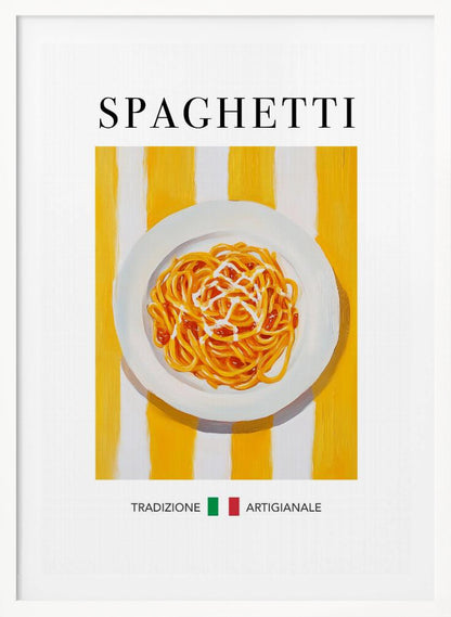A vintage-style food poster in a black frame featuring a painting of a plate of spaghetti with sauce. The plate is set against a background of bold yellow and white vertical stripes. The word 'SPAGHETTI' is written in a black serif font at the top. At the bottom, the Italian words 'TRADIZIONE' and 'ARTIGIANALE' are separated by a small Italian flag. Artwork