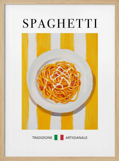 A vintage-style food poster in a black frame featuring a painting of a plate of spaghetti with sauce. The plate is set against a background of bold yellow and white vertical stripes. The word 'SPAGHETTI' is written in a black serif font at the top. At the bottom, the Italian words 'TRADIZIONE' and 'ARTIGIANALE' are separated by a small Italian flag. Artwork