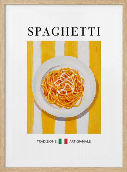 A vintage-style food poster in a black frame featuring a painting of a plate of spaghetti with sauce. The plate is set against a background of bold yellow and white vertical stripes. The word 'SPAGHETTI' is written in a black serif font at the top. At the bottom, the Italian words 'TRADIZIONE' and 'ARTIGIANALE' are separated by a small Italian flag. Artwork
