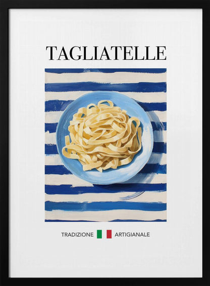 A vintage-style art print of a blue plate filled with tagliatelle pasta, set against a blue and white striped background. The word 'TAGLIATELLE' is printed at the top, and 'TRADIZIONE ARTIGIANALE' with an Italian flag is at the bottom. Artwork