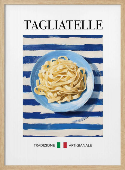 A vintage-style art print of a blue plate filled with tagliatelle pasta, set against a blue and white striped background. The word 'TAGLIATELLE' is printed at the top, and 'TRADIZIONE ARTIGIANALE' with an Italian flag is at the bottom. Artwork