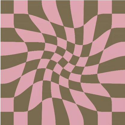 A framed abstract art piece featuring a warped checkerboard pattern in pink and dark olive brown. The grid appears to twist and distort, creating an optical illusion of movement within a light wood frame. Print