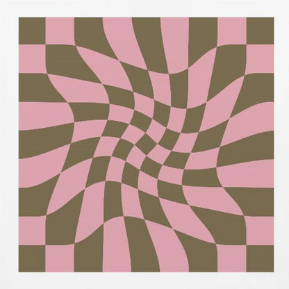 A framed abstract art piece featuring a warped checkerboard pattern in pink and dark olive brown. The grid appears to twist and distort, creating an optical illusion of movement within a light wood frame. Print
