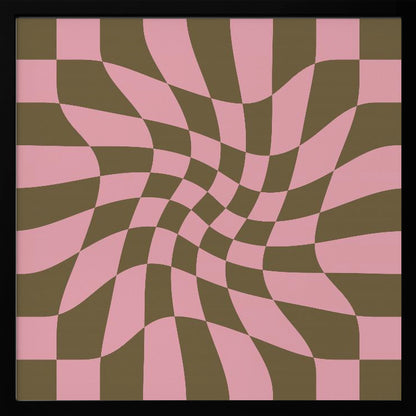 A framed abstract art piece featuring a warped checkerboard pattern in pink and dark olive brown. The grid appears to twist and distort, creating an optical illusion of movement within a light wood frame. Print