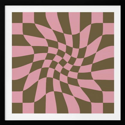A framed abstract art piece featuring a warped checkerboard pattern in pink and dark olive brown. The grid appears to twist and distort, creating an optical illusion of movement within a light wood frame. Print