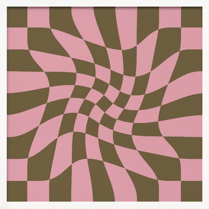 A framed abstract art piece featuring a warped checkerboard pattern in pink and dark olive brown. The grid appears to twist and distort, creating an optical illusion of movement within a light wood frame. Print