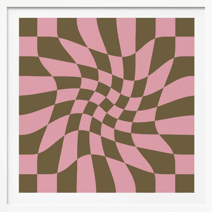 A framed abstract art piece featuring a warped checkerboard pattern in pink and dark olive brown. The grid appears to twist and distort, creating an optical illusion of movement within a light wood frame. Print