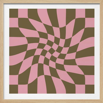 A framed abstract art piece featuring a warped checkerboard pattern in pink and dark olive brown. The grid appears to twist and distort, creating an optical illusion of movement within a light wood frame. Print