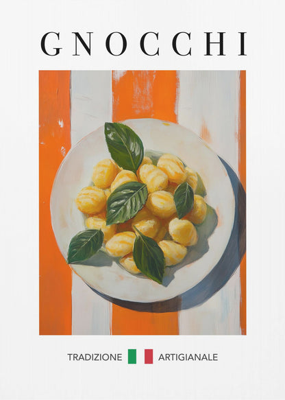 A framed poster featuring a painted illustration of a plate of gnocchi with fresh basil. The background has bold orange and white vertical stripes. The word 'GNOCCHI' is at the top, and 'TRADIZIONE ARTIGIANALE' with an Italian flag is at the bottom. Decor