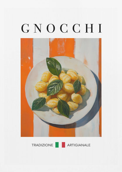A framed poster featuring a painted illustration of a plate of gnocchi with fresh basil. The background has bold orange and white vertical stripes. The word 'GNOCCHI' is at the top, and 'TRADIZIONE ARTIGIANALE' with an Italian flag is at the bottom. Decor