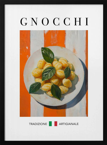 A framed poster featuring a painted illustration of a plate of gnocchi with fresh basil. The background has bold orange and white vertical stripes. The word 'GNOCCHI' is at the top, and 'TRADIZIONE ARTIGIANALE' with an Italian flag is at the bottom. Decor