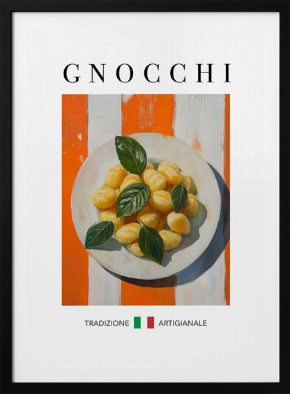 A framed poster featuring a painted illustration of a plate of gnocchi with fresh basil. The background has bold orange and white vertical stripes. The word 'GNOCCHI' is at the top, and 'TRADIZIONE ARTIGIANALE' with an Italian flag is at the bottom. Decor