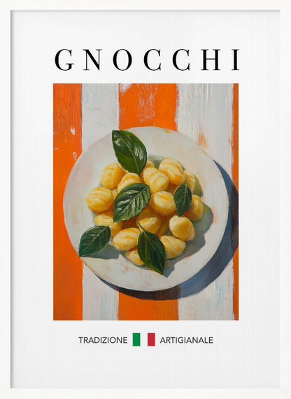 A framed poster featuring a painted illustration of a plate of gnocchi with fresh basil. The background has bold orange and white vertical stripes. The word 'GNOCCHI' is at the top, and 'TRADIZIONE ARTIGIANALE' with an Italian flag is at the bottom. Decor