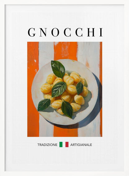 A framed poster featuring a painted illustration of a plate of gnocchi with fresh basil. The background has bold orange and white vertical stripes. The word 'GNOCCHI' is at the top, and 'TRADIZIONE ARTIGIANALE' with an Italian flag is at the bottom. Decor