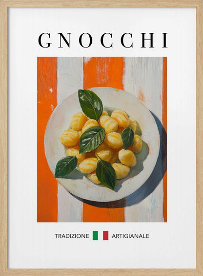 A framed poster featuring a painted illustration of a plate of gnocchi with fresh basil. The background has bold orange and white vertical stripes. The word 'GNOCCHI' is at the top, and 'TRADIZIONE ARTIGIANALE' with an Italian flag is at the bottom. Decor