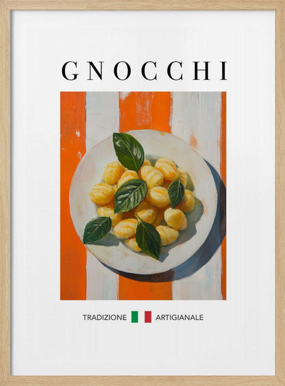 A framed poster featuring a painted illustration of a plate of gnocchi with fresh basil. The background has bold orange and white vertical stripes. The word 'GNOCCHI' is at the top, and 'TRADIZIONE ARTIGIANALE' with an Italian flag is at the bottom. Decor