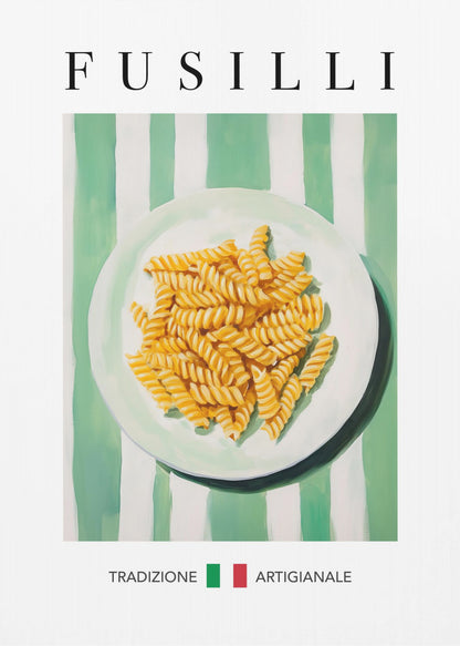 A vintage-style art print of a plate of fusilli pasta on a green and white striped background. The word 'FUSILLI' is printed at the top in black serif font. At the bottom, the words 'TRADIZIONE' and 'ARTIGIANALE' are separated by a small Italian flag icon. The poster is shown in a black frame. Wall Art
