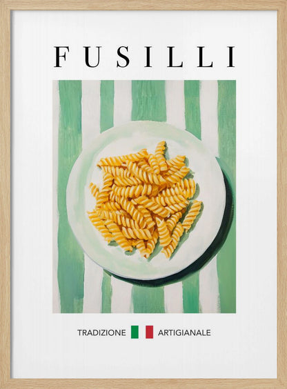 A vintage-style art print of a plate of fusilli pasta on a green and white striped background. The word 'FUSILLI' is printed at the top in black serif font. At the bottom, the words 'TRADIZIONE' and 'ARTIGIANALE' are separated by a small Italian flag icon. The poster is shown in a black frame. Wall Art