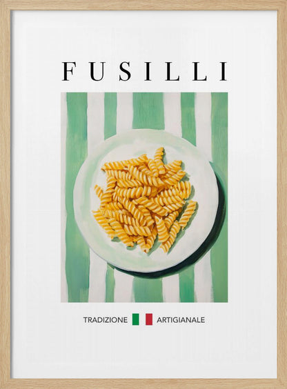 A vintage-style art print of a plate of fusilli pasta on a green and white striped background. The word 'FUSILLI' is printed at the top in black serif font. At the bottom, the words 'TRADIZIONE' and 'ARTIGIANALE' are separated by a small Italian flag icon. The poster is shown in a black frame. Wall Art
