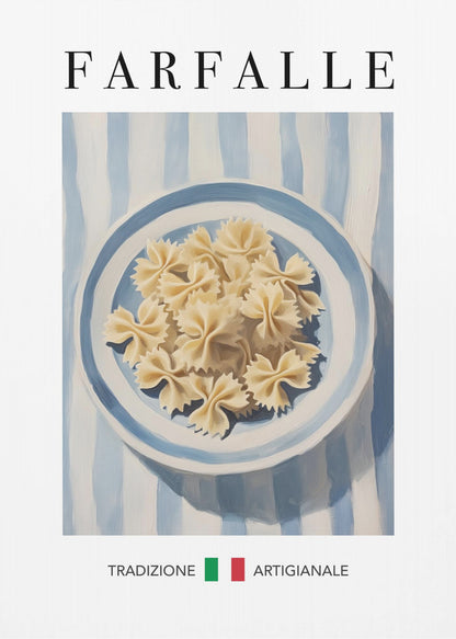 A vintage-style art print featuring a painted blue and white bowl of uncooked farfalle pasta. The bowl sits on a blue and white striped tablecloth. The word 'FARFALLE' is written in a large serif font at the top, and the Italian words 'TRADIZIONE ARTIGIANALE' are at the bottom, separated by green and red squares resembling the Italian flag. The artwork is enclosed in a thin black frame. Poster