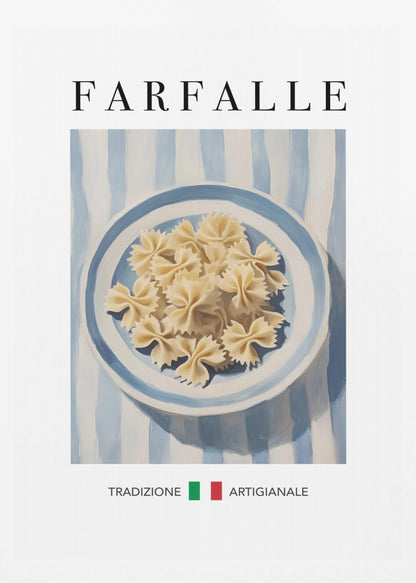 A vintage-style art print featuring a painted blue and white bowl of uncooked farfalle pasta. The bowl sits on a blue and white striped tablecloth. The word 'FARFALLE' is written in a large serif font at the top, and the Italian words 'TRADIZIONE ARTIGIANALE' are at the bottom, separated by green and red squares resembling the Italian flag. The artwork is enclosed in a thin black frame. Poster