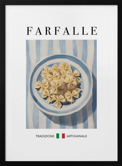 A vintage-style art print featuring a painted blue and white bowl of uncooked farfalle pasta. The bowl sits on a blue and white striped tablecloth. The word 'FARFALLE' is written in a large serif font at the top, and the Italian words 'TRADIZIONE ARTIGIANALE' are at the bottom, separated by green and red squares resembling the Italian flag. The artwork is enclosed in a thin black frame. Poster