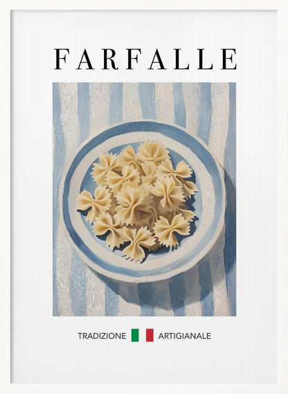 A vintage-style art print featuring a painted blue and white bowl of uncooked farfalle pasta. The bowl sits on a blue and white striped tablecloth. The word 'FARFALLE' is written in a large serif font at the top, and the Italian words 'TRADIZIONE ARTIGIANALE' are at the bottom, separated by green and red squares resembling the Italian flag. The artwork is enclosed in a thin black frame. Poster