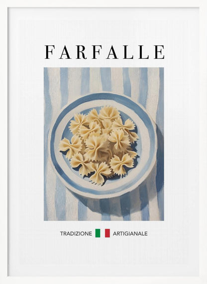 A vintage-style art print featuring a painted blue and white bowl of uncooked farfalle pasta. The bowl sits on a blue and white striped tablecloth. The word 'FARFALLE' is written in a large serif font at the top, and the Italian words 'TRADIZIONE ARTIGIANALE' are at the bottom, separated by green and red squares resembling the Italian flag. The artwork is enclosed in a thin black frame. Poster