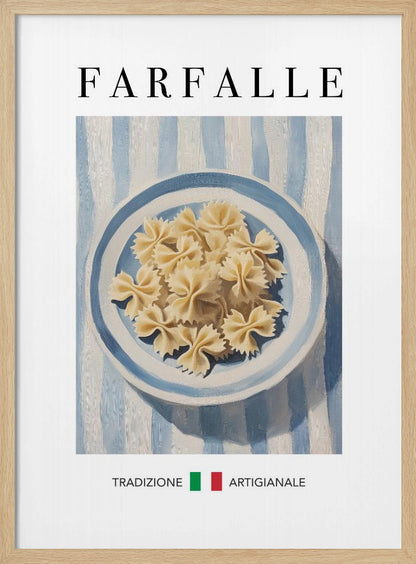 A vintage-style art print featuring a painted blue and white bowl of uncooked farfalle pasta. The bowl sits on a blue and white striped tablecloth. The word 'FARFALLE' is written in a large serif font at the top, and the Italian words 'TRADIZIONE ARTIGIANALE' are at the bottom, separated by green and red squares resembling the Italian flag. The artwork is enclosed in a thin black frame. Poster