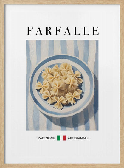 A vintage-style art print featuring a painted blue and white bowl of uncooked farfalle pasta. The bowl sits on a blue and white striped tablecloth. The word 'FARFALLE' is written in a large serif font at the top, and the Italian words 'TRADIZIONE ARTIGIANALE' are at the bottom, separated by green and red squares resembling the Italian flag. The artwork is enclosed in a thin black frame. Poster