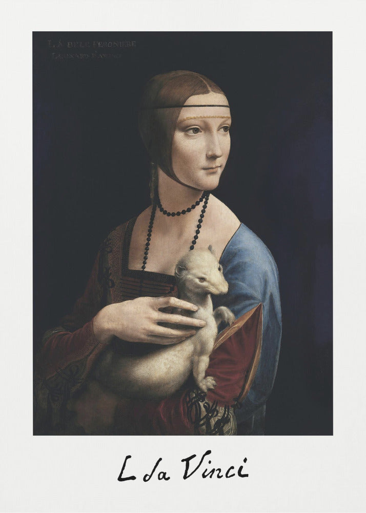 A framed art print of Leonardo da Vinci's painting, 'Lady with an Ermine'. The Renaissance portrait shows a woman holding a white ermine. The print has a white border with 'L da Vinci' signed at the bottom, mimicking a polaroid. Artwork